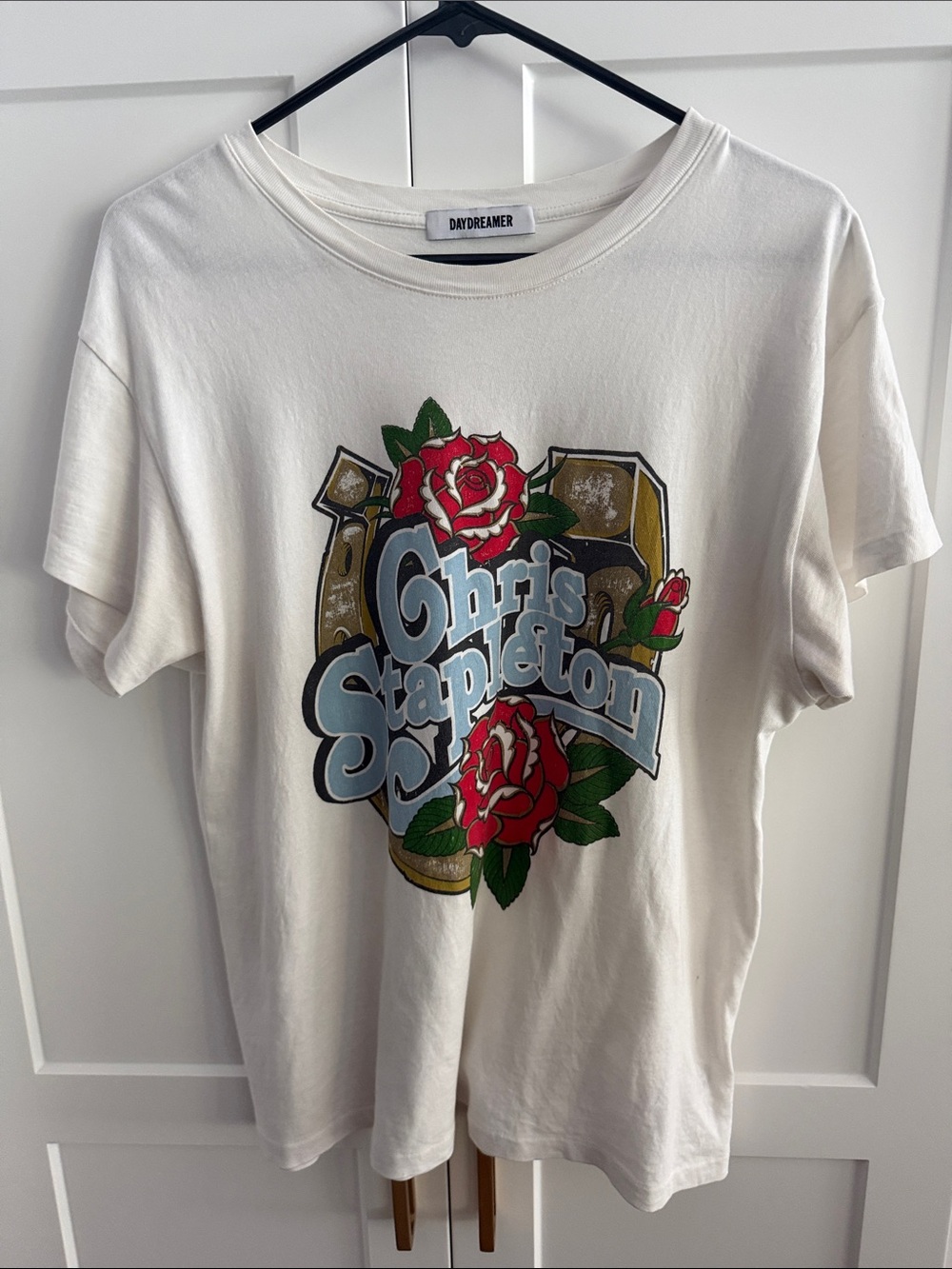 Daydreamer White Tee with Red Roses and Blue Script